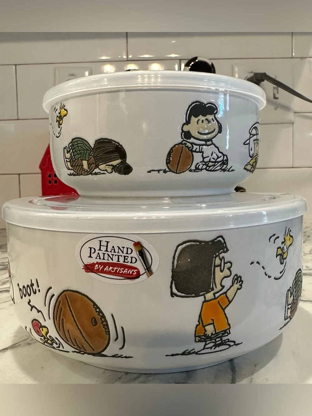 Peanuts Snoopy Football Ceramic Serving Bowl - White with Red Accents with lids.